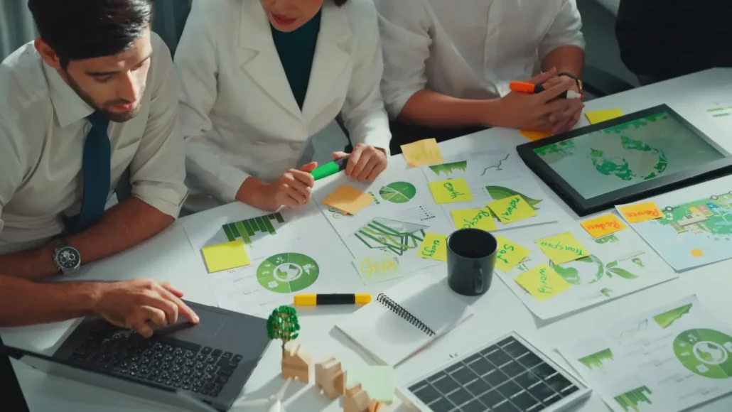 A professional executive team discussing sustainable business practices and implementing an ESG strategy in their organization.